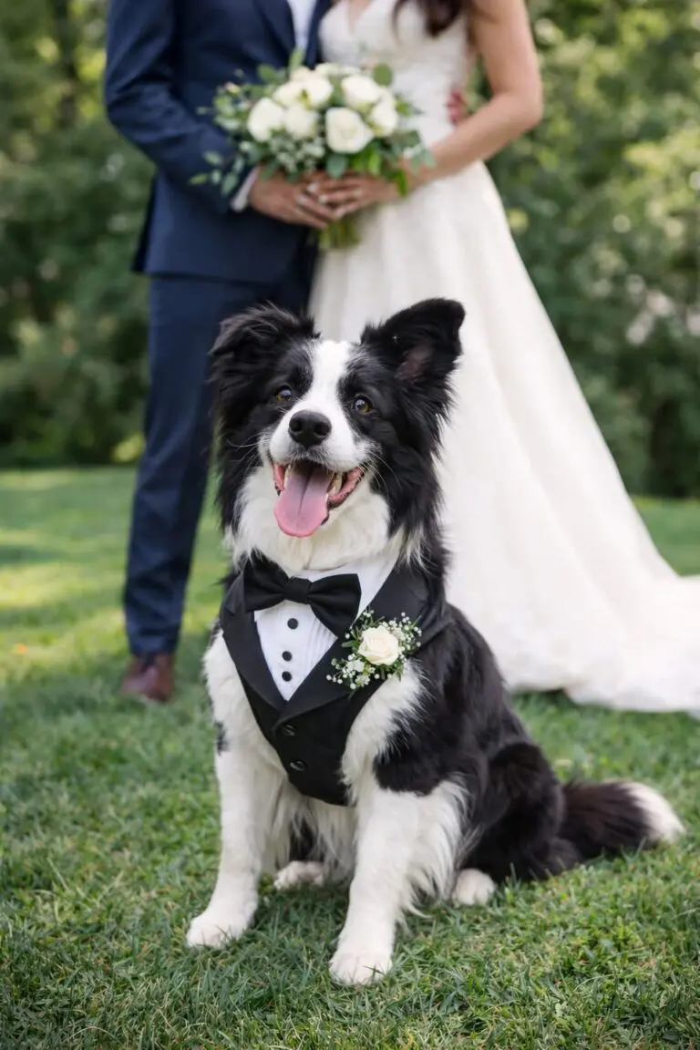 Border Collie wearing tuxedo at outdoor wedding ceremony with bride and groom – professional wedding dog chaperone service