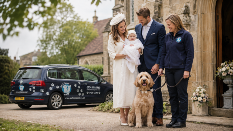 Family with baby and dog at a christening with Pets 2 Places dog chaperone and pet taxi outside the church