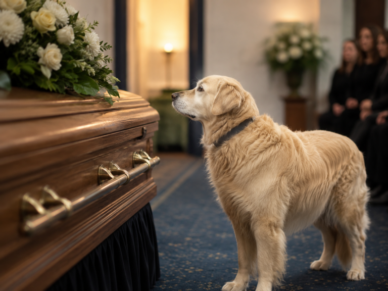 Golden retriever standing beside a flower-covered coffin during a funeral service.