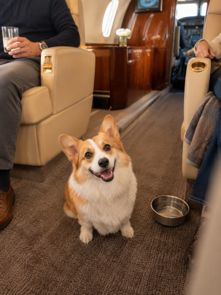 Corgi travelling in a private jet after a pet-friendly airport transfer
